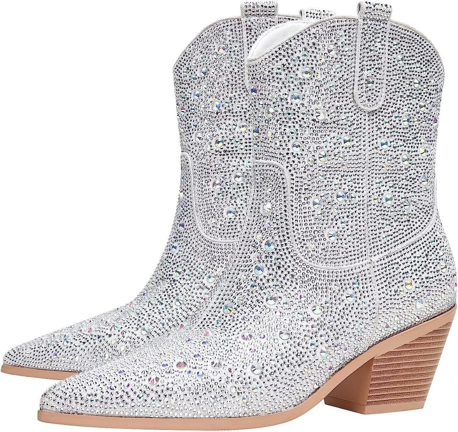 vimitty Women's Rhinestone Ankle Boots Chunky Heels Cowgirl Boots Sparkly Side Zipper Cowboy Boot... | Amazon (US)