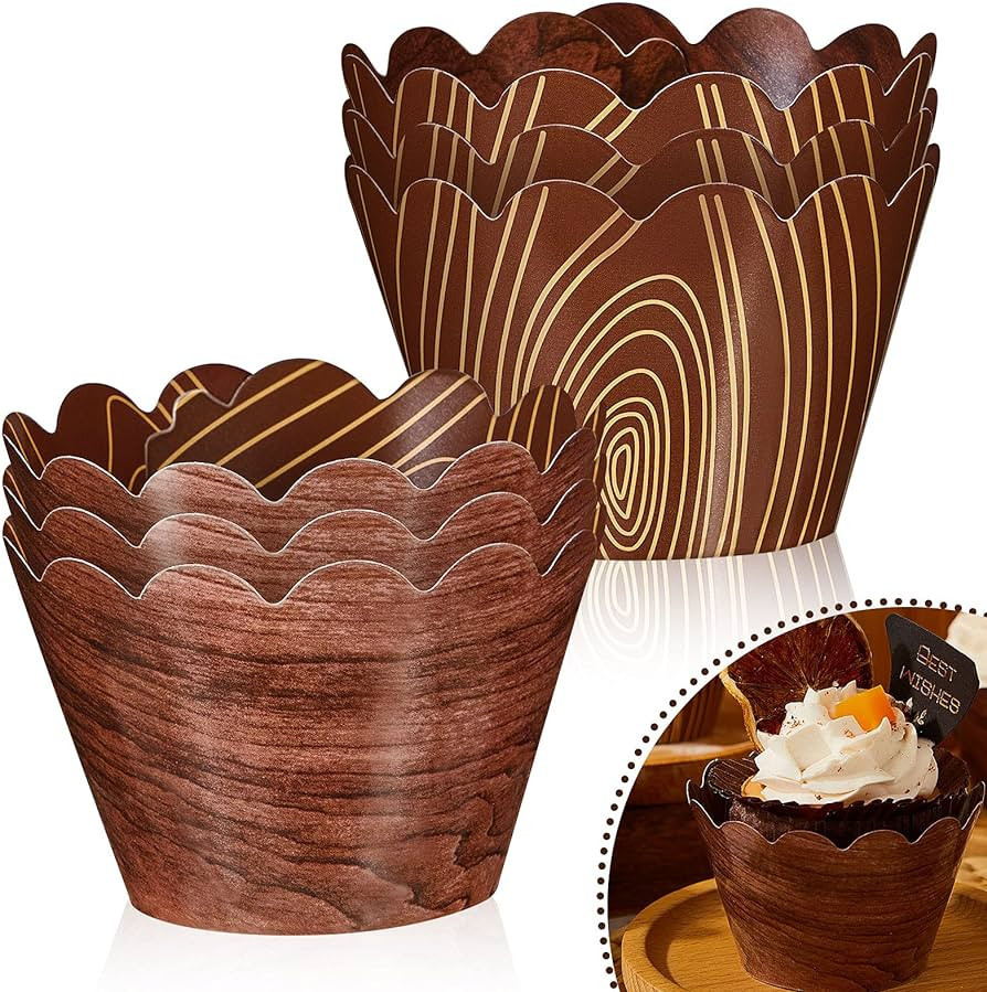 60 Pieces Wood Grain Cupcake Wrappers for Woodland Animal Baby Shower Decorations, Cup Cake Wraps... | Amazon (US)