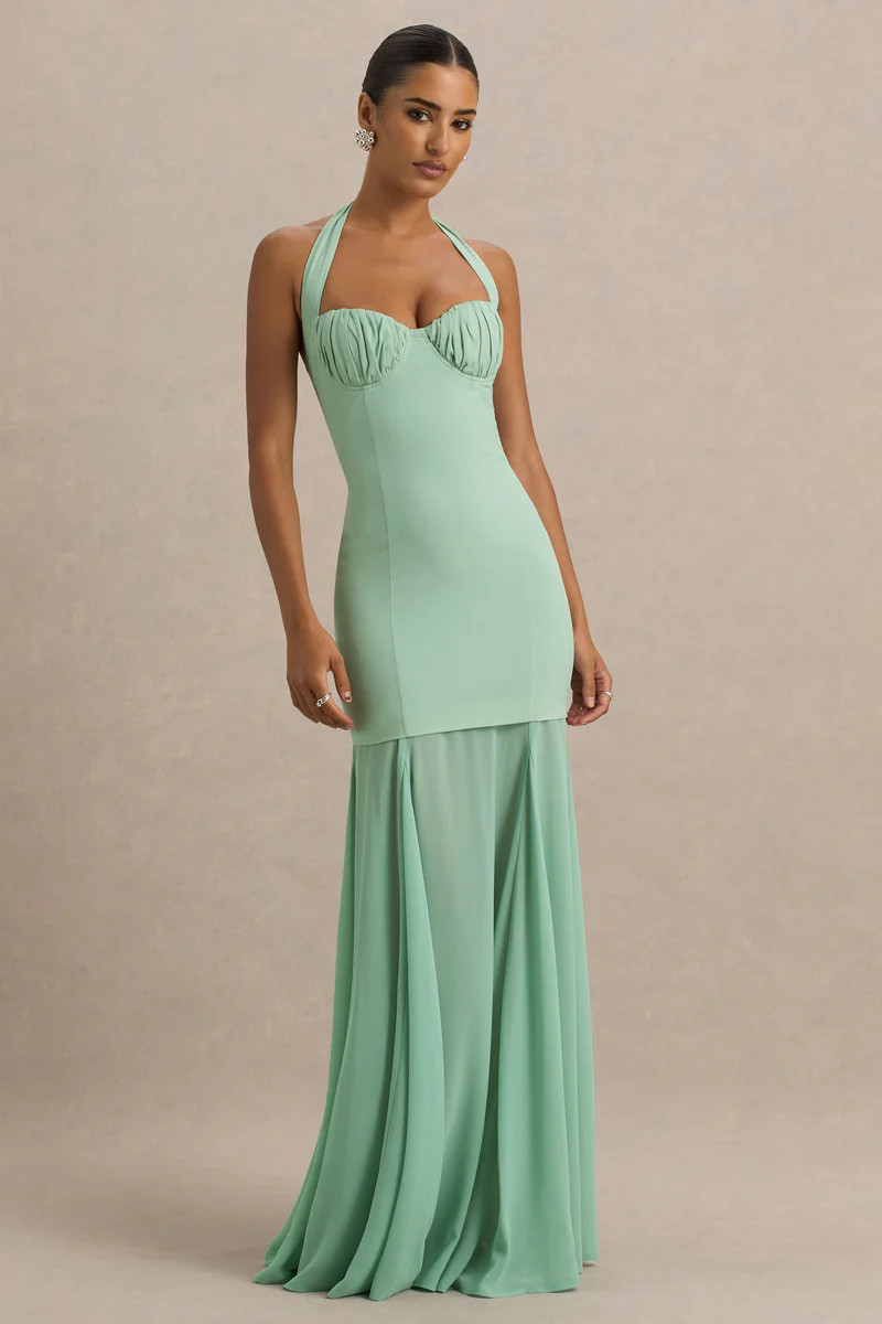 Kirby  Sage Corset Halter-Neck Maxi Dress With Sheer Detail | Club L London