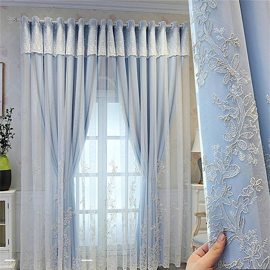 AiFMQQ Luxury Blue Double Layer Embroidery Semi Blackout Curtain for Kids Bedroom Living Room Gro... | Amazon (US)