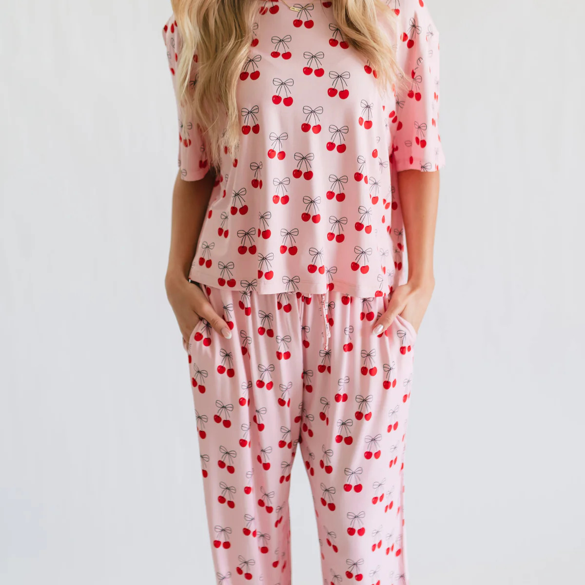 Women's T-Shirt and Pants Set in Pink Cherry Bows | Silks Design