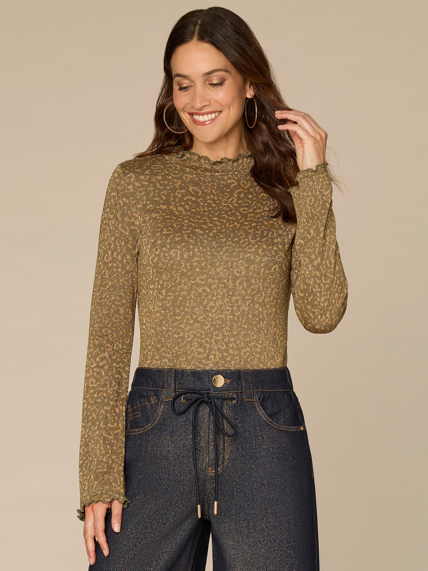 Long Bell Sleeve Mock Neck Knit Top with Lettuce Edge Detail | Democracy Clothing
