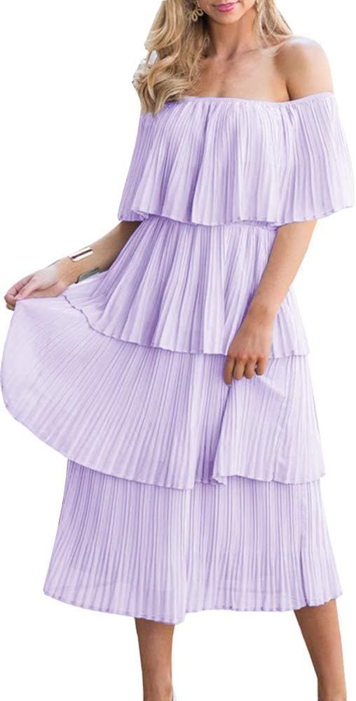 ETCYY Women's Off The Shoulder Maxi Dress Chiffon Ruffles Tiered Pleated Casual Midi Dress Pink a... | Amazon (US)