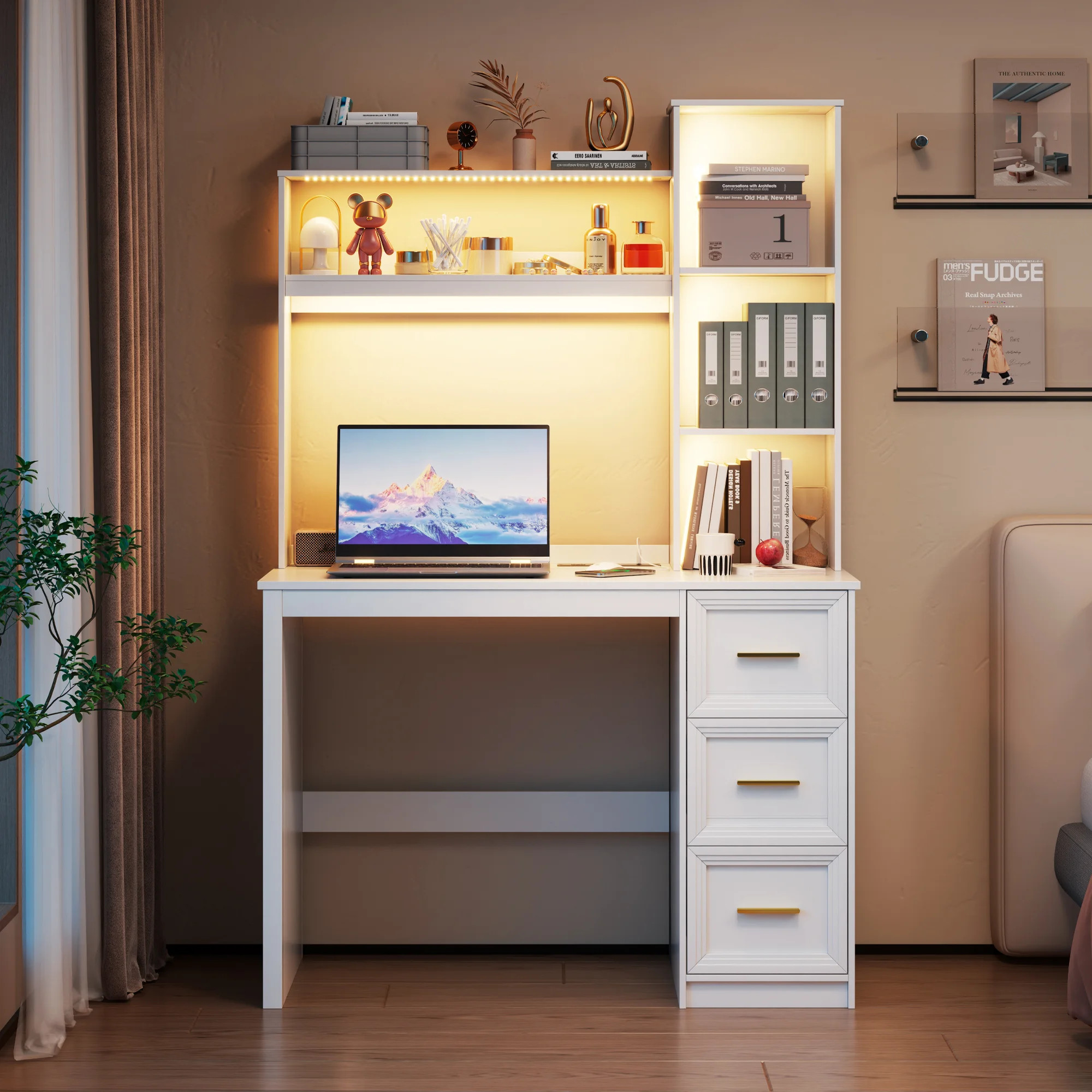 Wrought Studio 3-Drawer Computer Desk with Bookshelves and LED Lighting & Reviews - Wayfair Canada | Wayfair North America