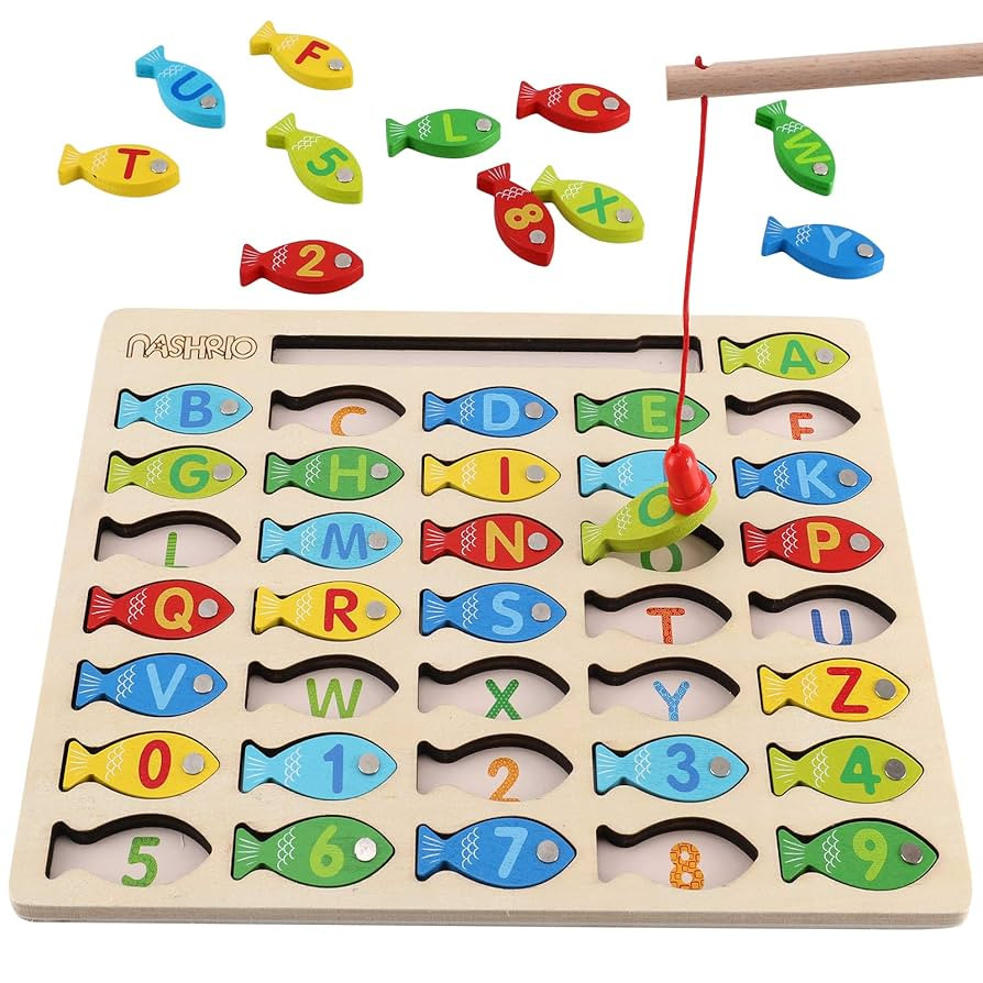 Magnetic Wooden Fishing Game Toy for Toddlers, Alphabet Fish Catching Counting Games Puzzle with ... | Amazon (US)