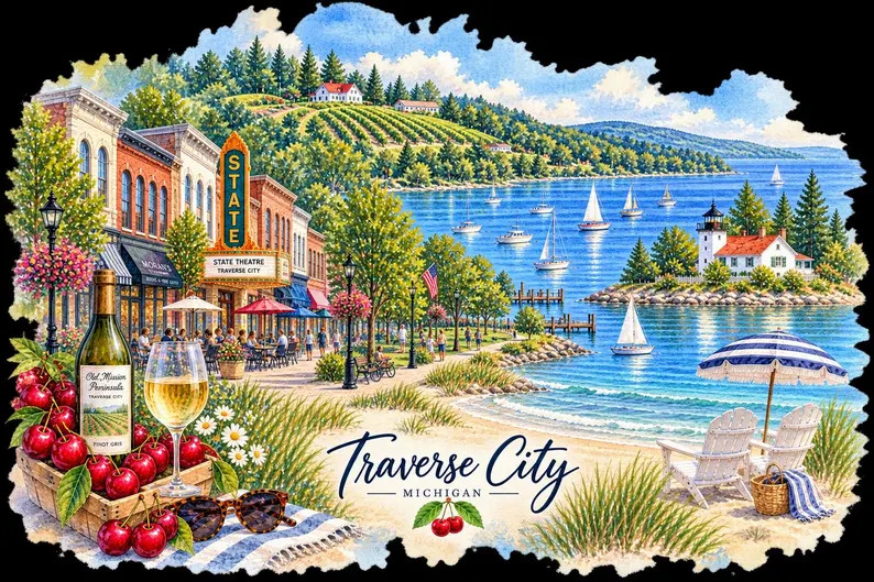 Traverse City Michigan PNG, Watercolor Travel Clipart, Cherry Wine Country Art, Grand Traverse Ba... | Etsy (Global)