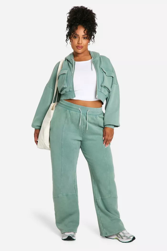 Plus Washed Cargo Pocket Boxy Crop Hooded Tracksuit | boohoo (US & Canada)