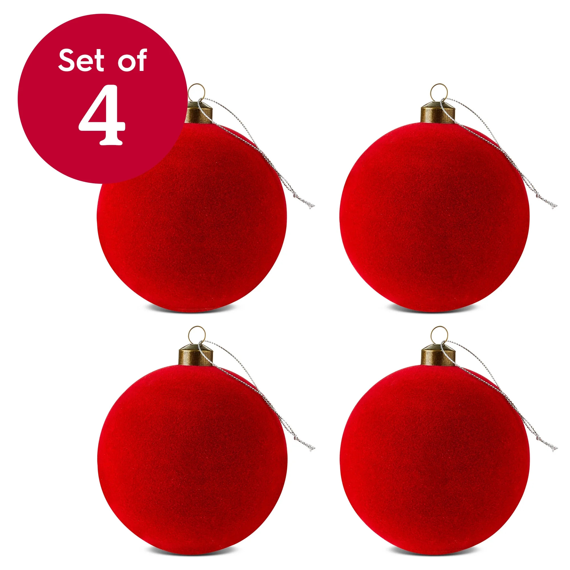 4 Count Red Velvet-Feel Ball Christmas Ornaments, 4.5", by Holiday Time | Walmart (US)