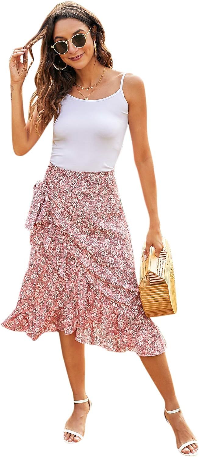 SheIn Women's Boho Ditsy Floral Knot High Waisted Wrap Split Midi Skirt | Amazon (US)