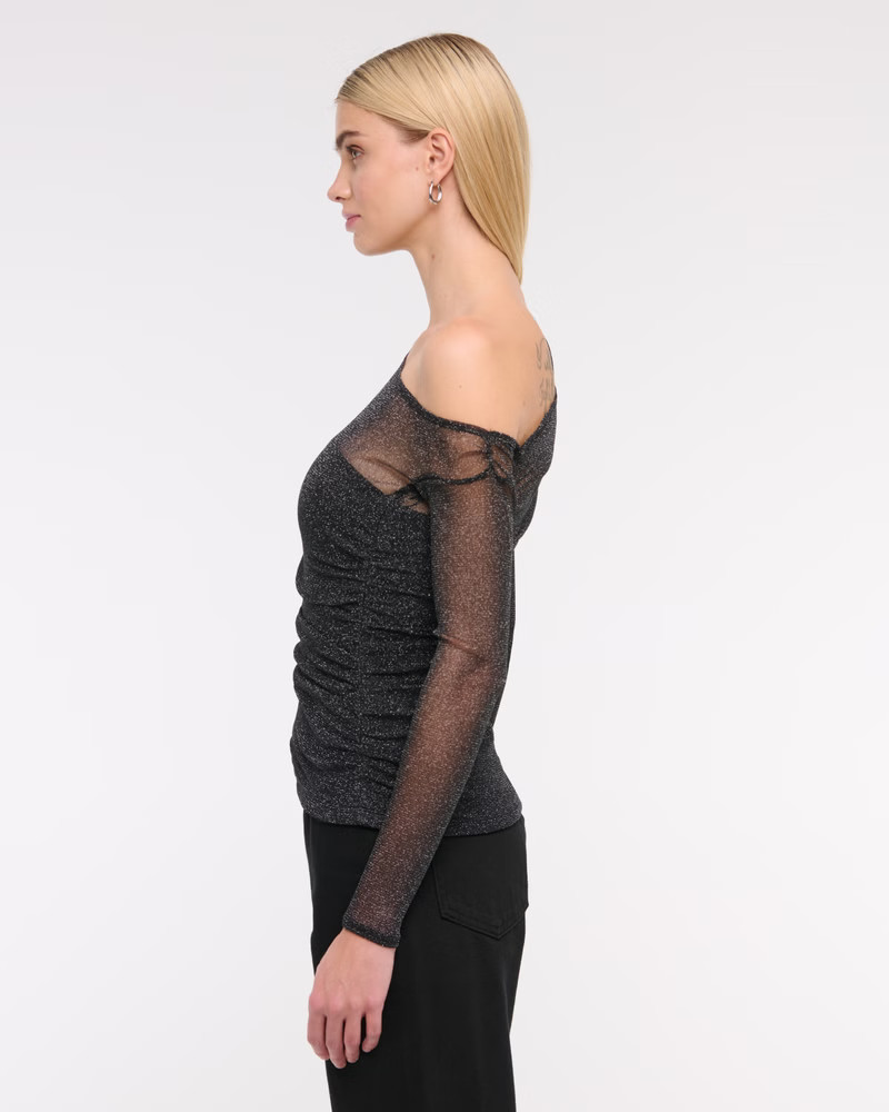 Long-Sleeve Asymmetrical Draped Mesh Top | Abercrombie & Fitch (US)