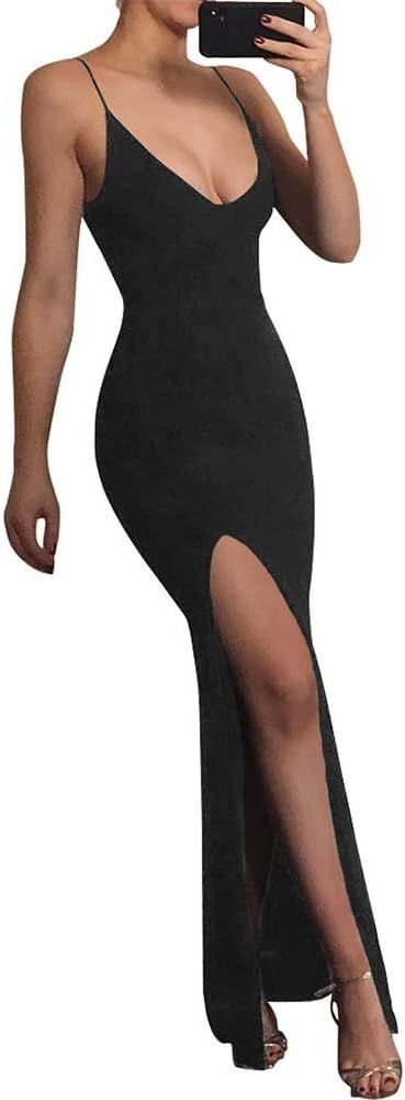 TOB Women's Sexy Bodycon Sleeveless Spaghetti Strap V-Neck Evening Long Dress | Amazon (US)