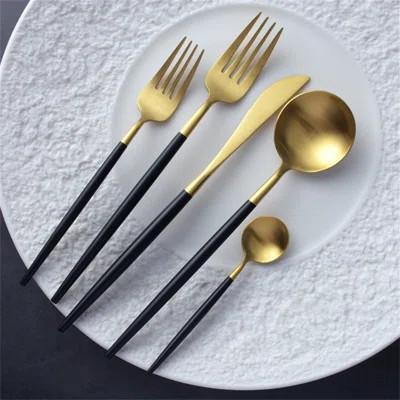 30 Pieces Stainless Steel 304 Black Gold Plated Coffee Spoon, Dessert Fork Spoon, Steak Knife Set - Non-Fading, Durable Cutlery | Wayfair North America