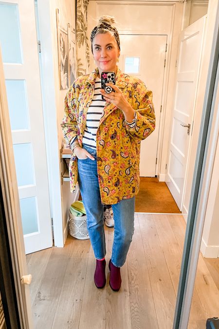 Ootd - Tuesday. Striped longsleeve shirt, yellow paisley print jacket (vintage), Levi’s 501 jeans and burgundy Vivaia Chelsea boots. 



#LTKmidsize #LTKover40 #LTKstyletip