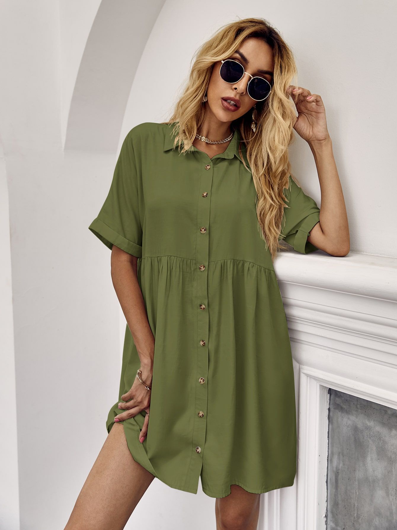 Button Front Batwing Sleeve Smock Dress | SHEIN