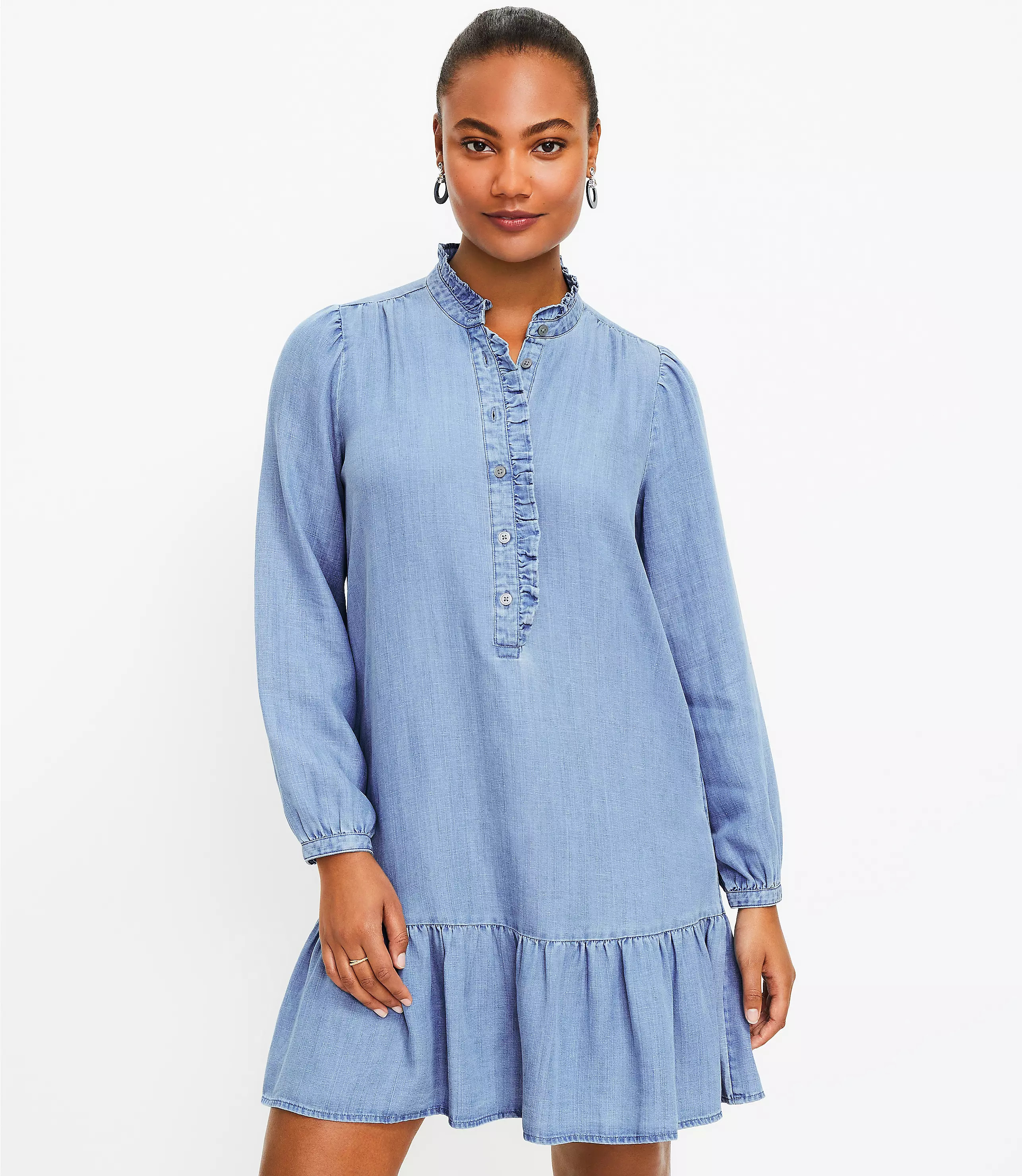 Chambray Ruffle Flounce Dress | LOFT