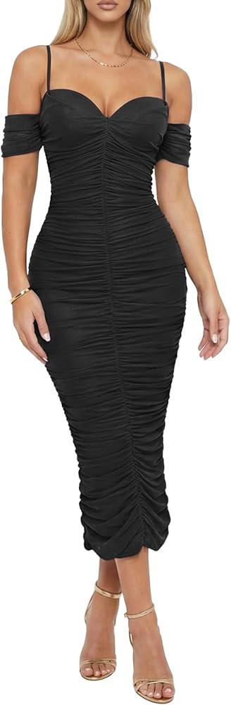 Liora Women's Mesh Off Shoulder Ruched Slit Formal Midi Dress | Amazon (US)