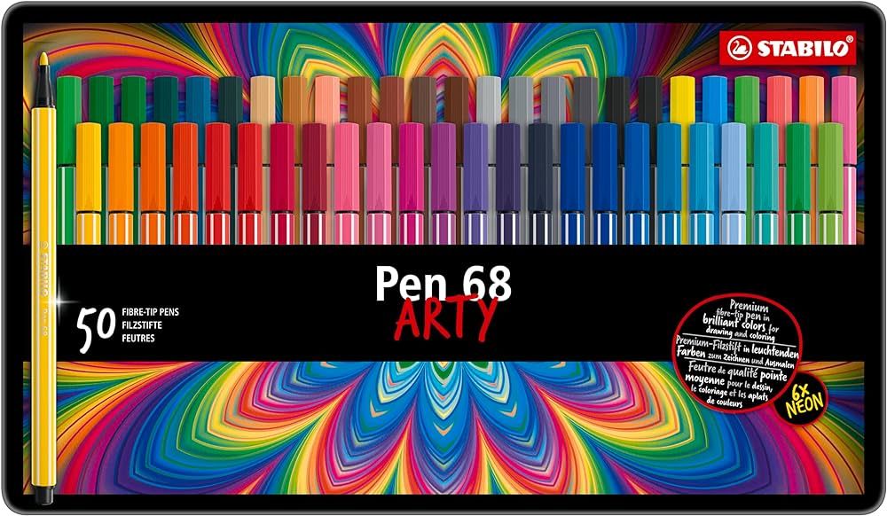 Premium Felt Tip Pen - STABILO Pen 68 - Tin of 50 - Assorted colors | Amazon (US)