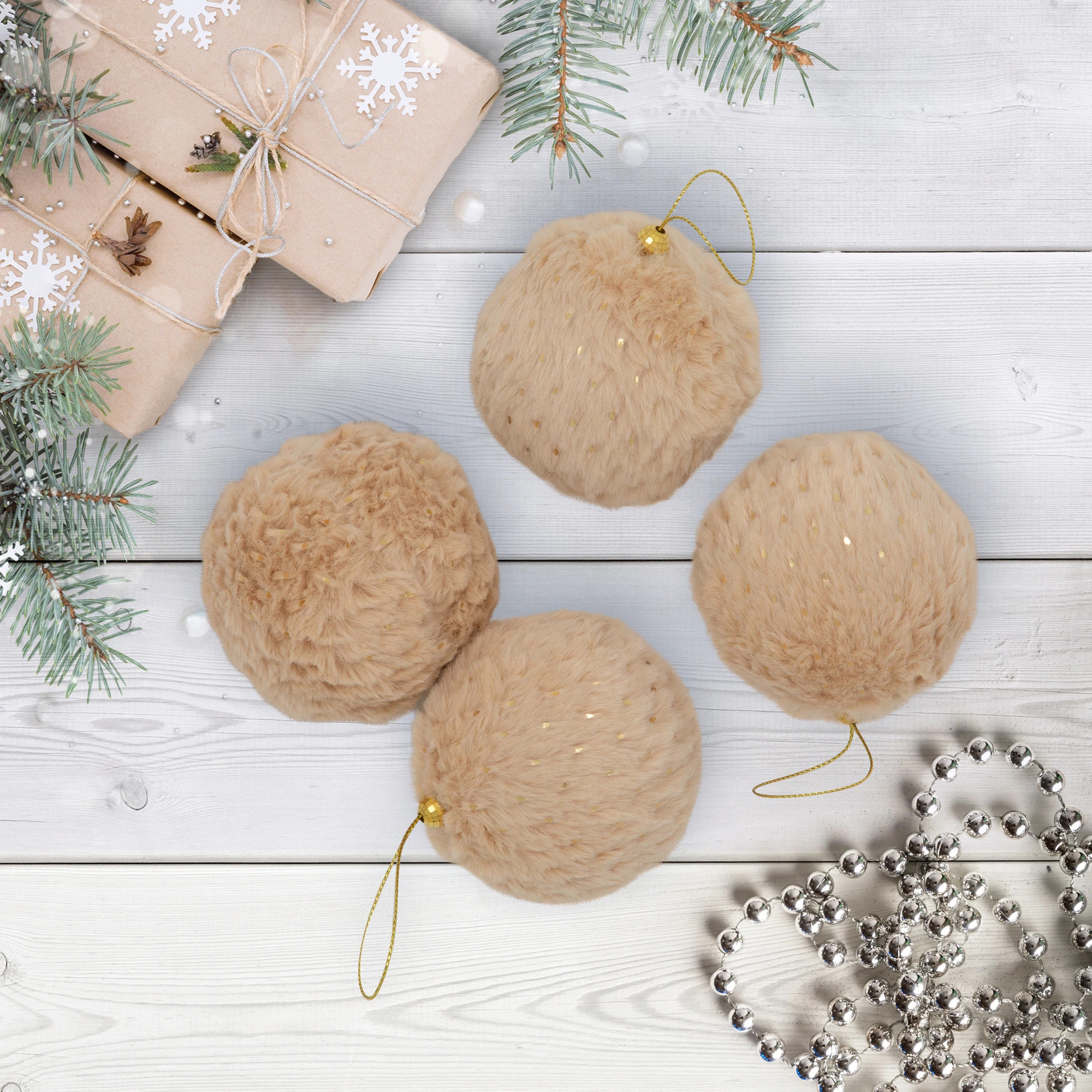 Faux Fur and Sequin Christmas Ball Ornaments - 2.75" - Beige - Set of 4 | Bed Bath & Beyond