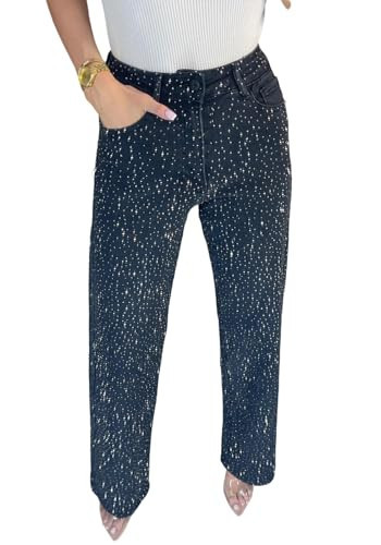 NRTHYE Womens High Waisted Rhinestone Jeans Baggy Straight Wide Leg Shiny Diamond Casual Denim Pants Trousers Black | Amazon (US)