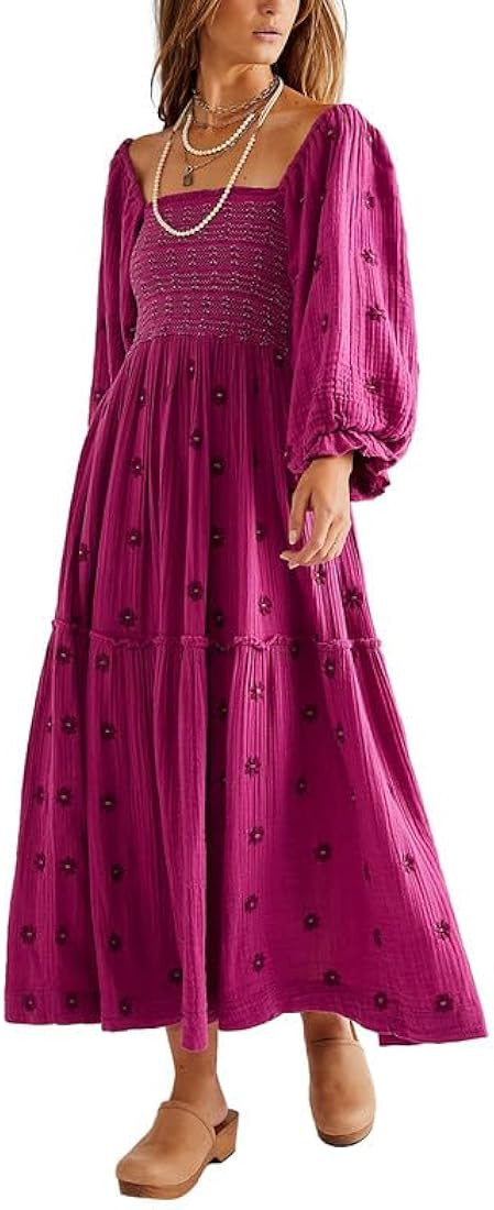 Women Boho Deep V Neck Long Puff Sleeve Maxi Dress Casual Floral Chiffon Flowy Wedding Guest Long... | Amazon (US)