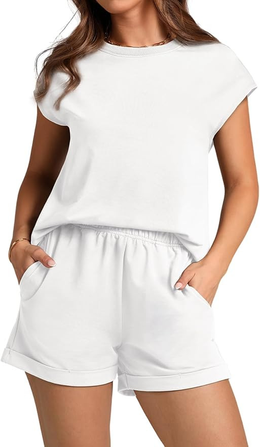 WIHOLL 2 Piece Sets for Women Casual Summer Lounge Set Cap Sleeve Tops and Elastic Waist Shorts T... | Amazon (US)