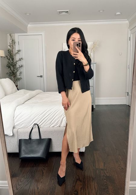 •Madewell slip skirt sz 00- wanted to share since I like the style and color plus it has great reviews, but note it runs about one size big and is too loose on me. Very lightweight 

• Amazon tee bodysuit xs, I wear it unsnapped when lazy 

•J.Crew sweater cardigan jacket xxs
I linked both this exact cardigan jacket and the AF tweed jacket for two different options. The sweater is more casual and laid back, and the jacket is more structured with shoulder pads. 

•AK watch 

•H&M heels (old; similar linked)

•mansur gavirel bag. Similar tote linked 

#petite smart casual work outfit 

#LTKworkwear #LTKSeasonal #LTKFind