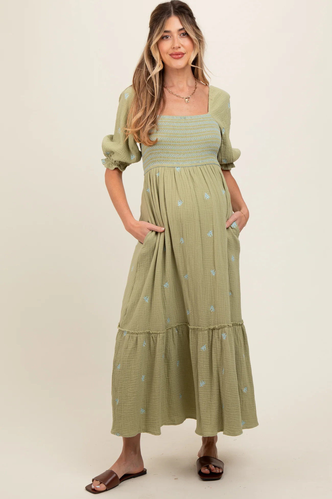 Light Olive Gauze Smocked Embroidered Square Neck Maternity Midi Dress | PinkBlush Maternity