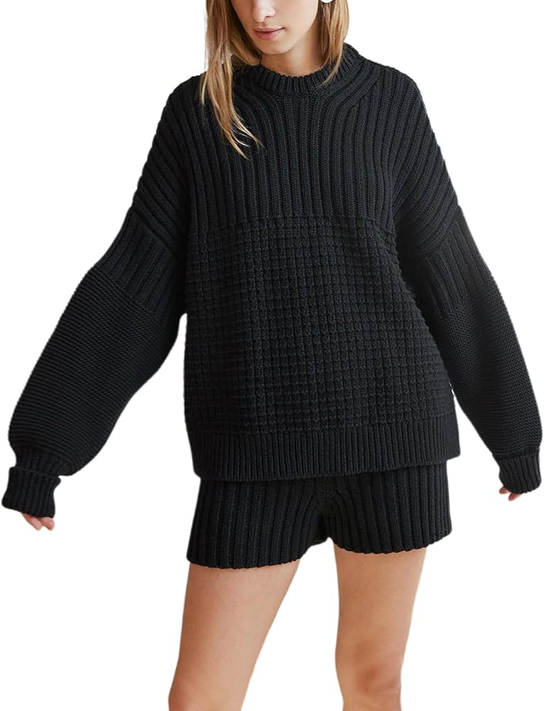 2 Piece Sweater Set for Women Fall Casual Cable Knit Crew Neck Pullover Long Sleeve Top and Short... | Amazon (US)