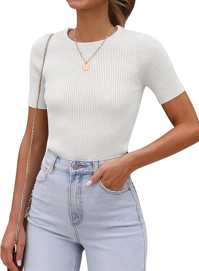 ANRABESS Womens Crewneck Short Sleeve Tops Ribbed Knit Slim Fit T Shirts 2024 Summer Casual Basic... | Amazon (US)