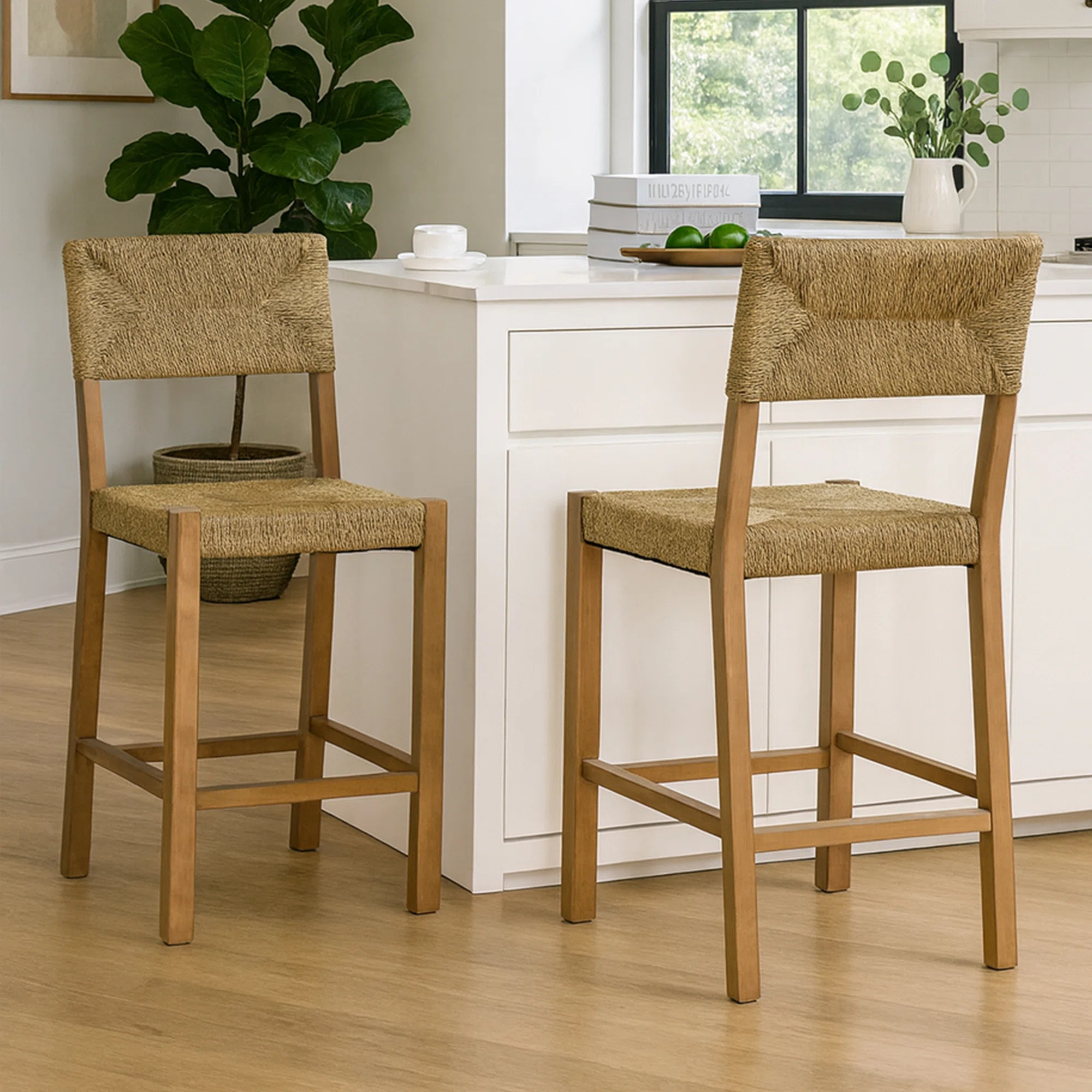 Cledia 21" Wide Rustic Farmhouse Style Solid Wood Ratten Seat Counter Stool (Set of 2) | Wayfair North America