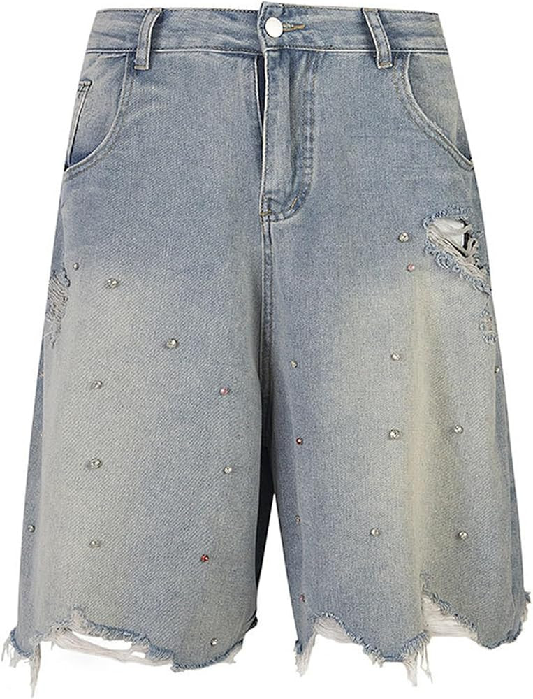 Y2K Rhinestone Baggy Jeans Shorts Wide Leg Washed Denim Shorts Grunge Ripped Bermuda Jorts Hip Ho... | Amazon (US)
