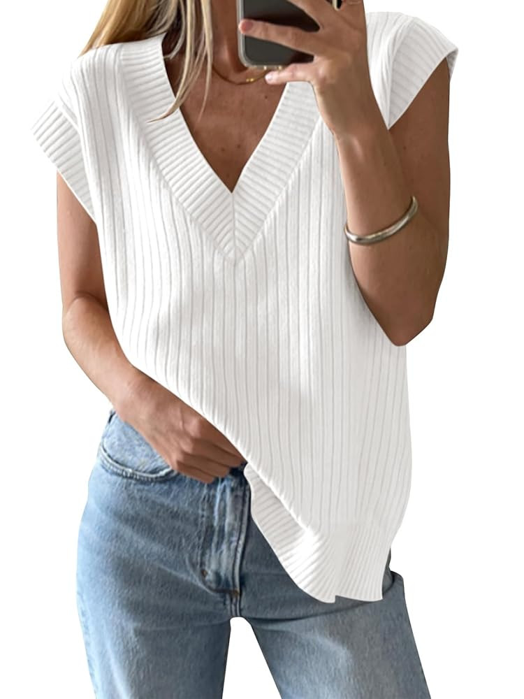 Saodimallsu Womens V Neck Sweater Vest Oversized Ribbed Knit Sleeveless Casual Loose Fit Pullover... | Amazon (US)