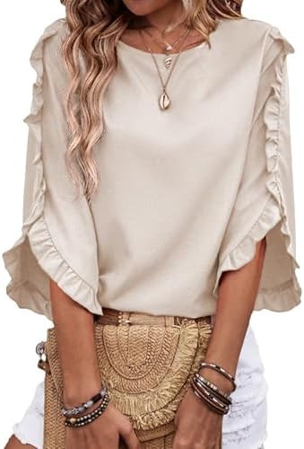 EVALESS 3/4 Length Sleeve Womens Tops Dressy Casual Blouses Crewneck Ruffle Sleeve Shirts Spring ... | Amazon (US)