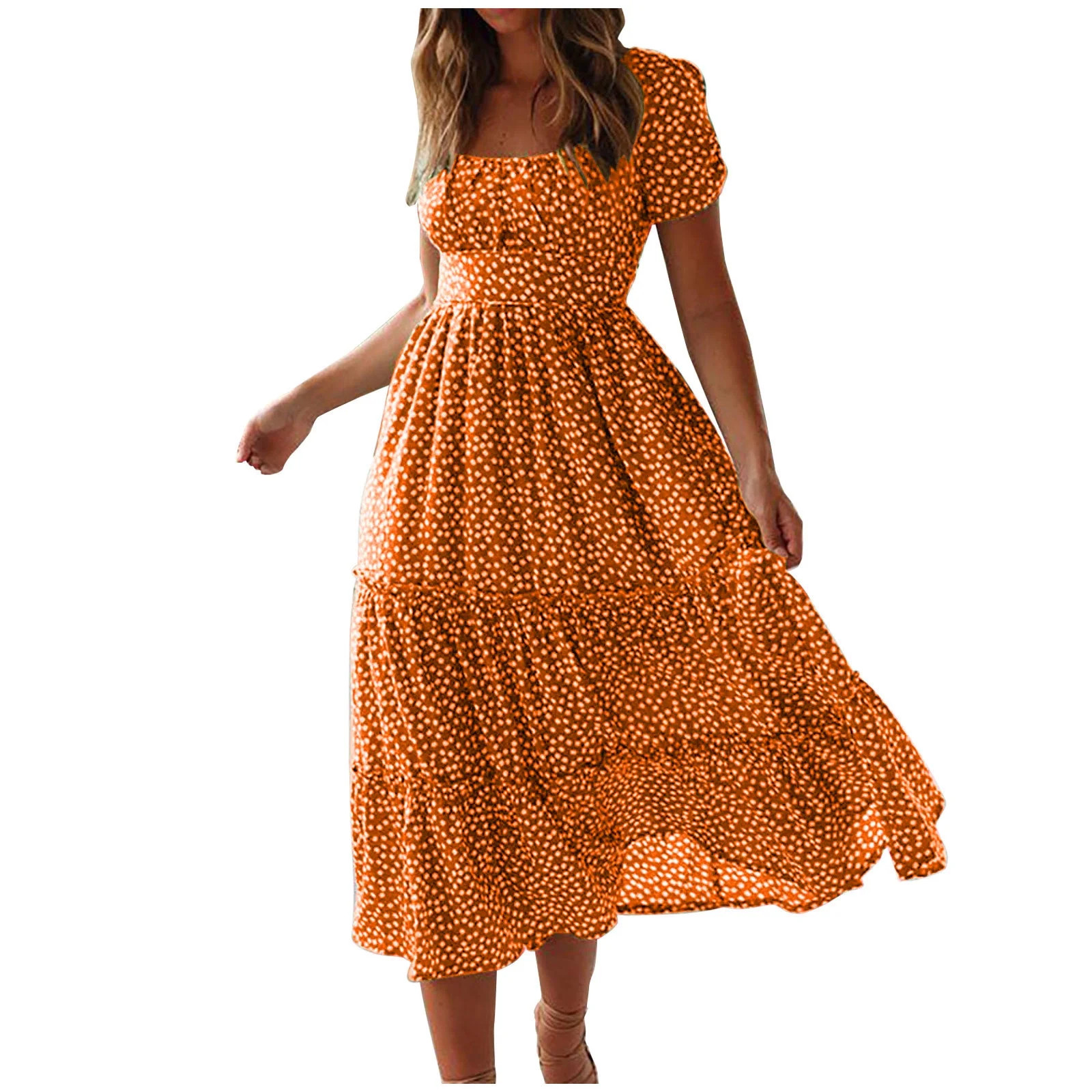 BLVB Summer Fall Dresses for Women Short Sleeve Trendy Beach Midi Dress Square Neck Tiered Boho S... | Walmart (US)