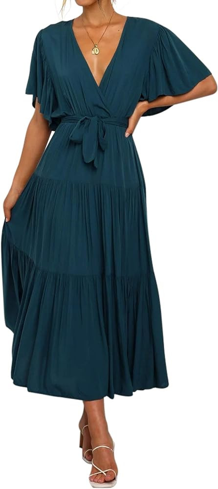 R.Vivimos Women's Fall Cotton Long Sleeves Irregular Polka Dot V Neck Casual Flowy Midi Dress | Amazon (US)