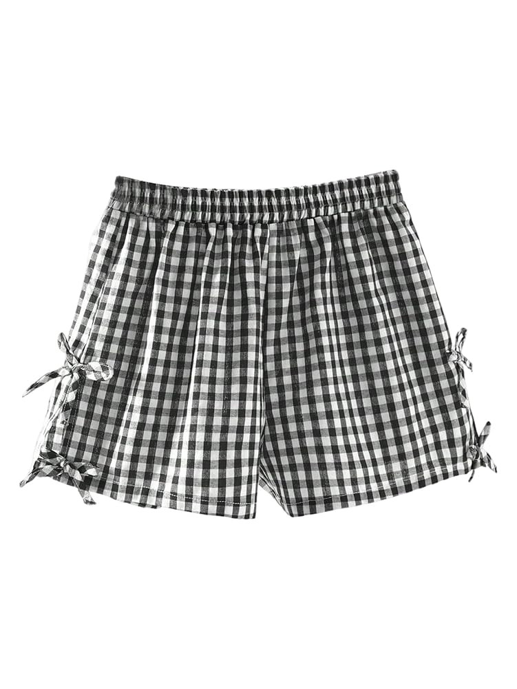 Girl's Plaid Mini Shorts Gingham Bowknot Elastic Waist Wide Leg Summer Shorts | Amazon (US)