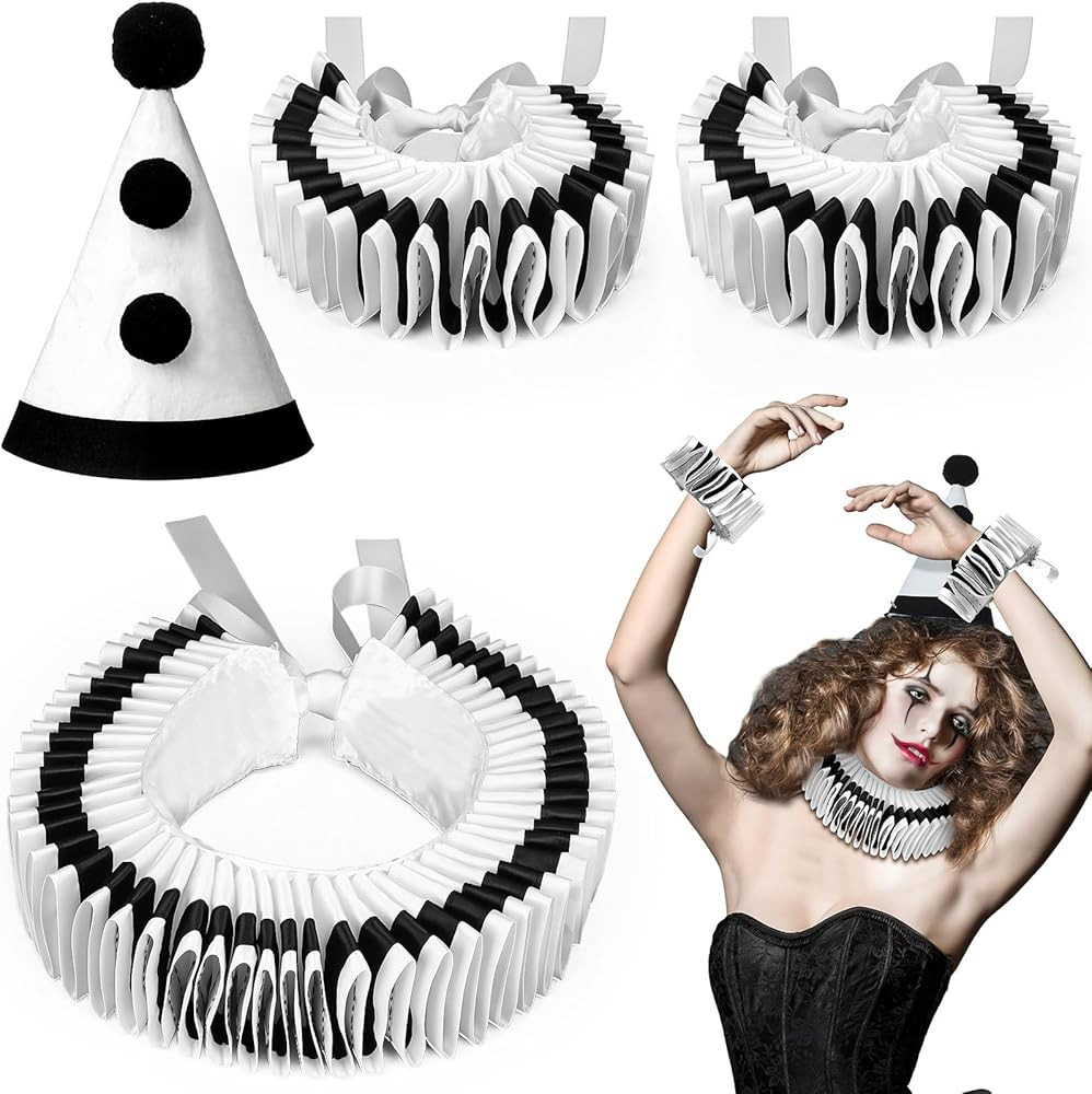 Halloween Collar Cuff Set Clown Accessories Elizabethan Renaissance Neck Ruff Clown Collar Cuffs | Amazon (US)