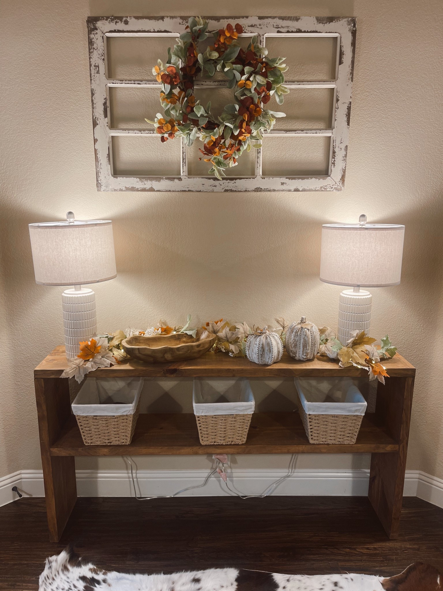 Fall entry table decor 🍂🍁

Set of Amazon table lamps
Wooden storage baskets
Amazon fall wreath & garland 
Rustic window frame 
Wooden entryway table from FB Marketplace, linking similar styles 


#LTKFindsUnder50 #LTKSeasonal #LTKHome