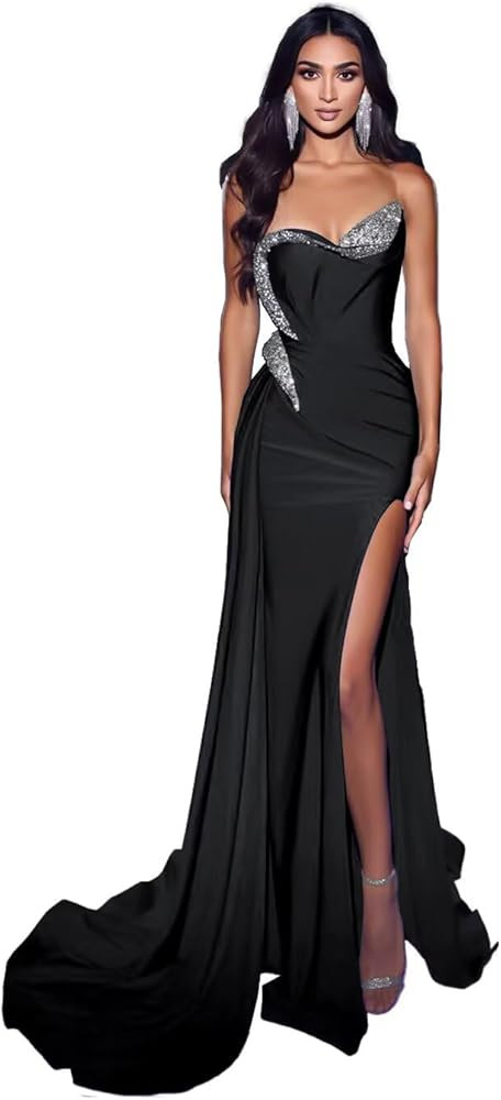Strapless Beaded Mermaid Prom Dresses 2024 Long Satin Sweetheart Formal Evening Party Bridesmaid ... | Amazon (US)