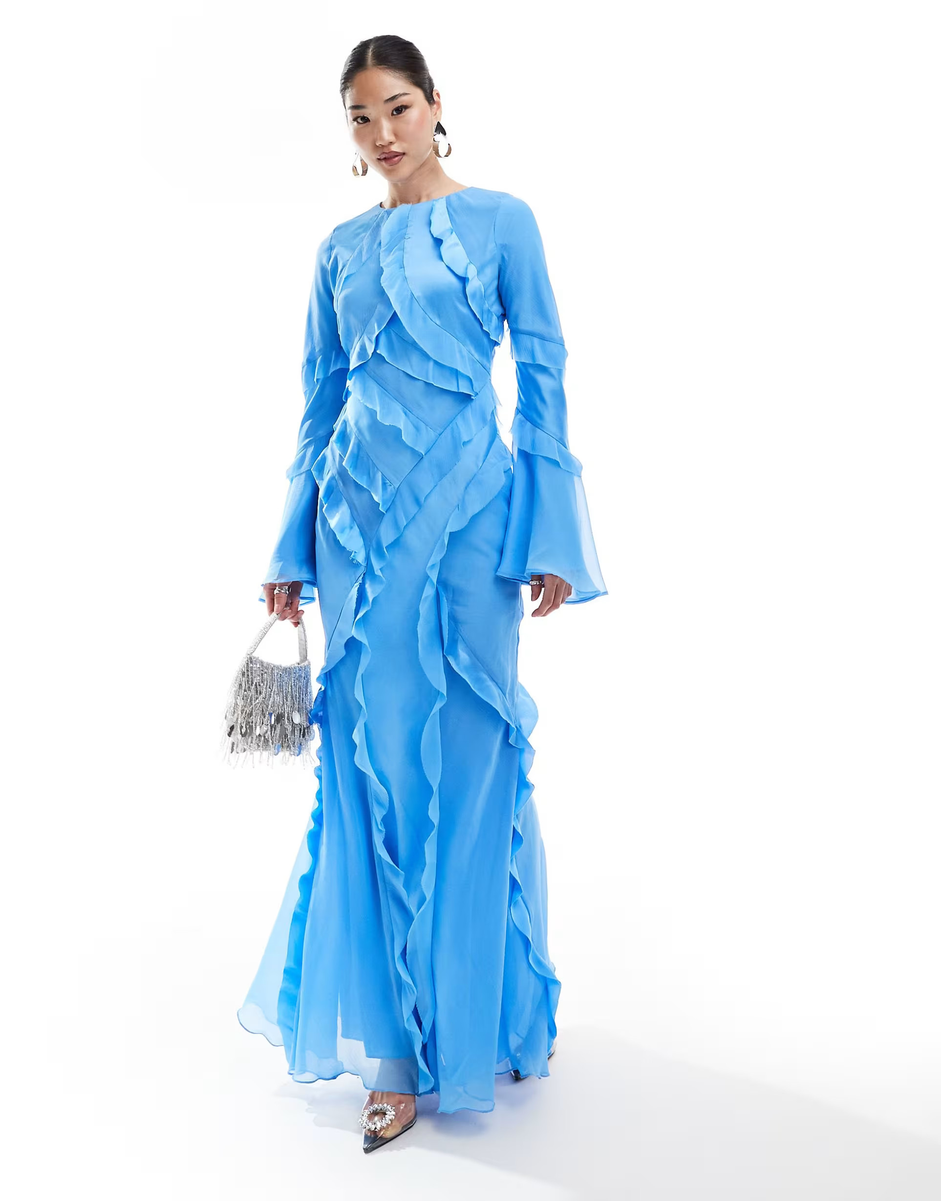 ASOS DESIGN long sleeve ruffle maxi in satin and chiffon mix in blue | ASOS (Global)
