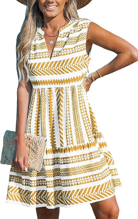 CUPSHE Women's Ruffle Beach Mini Dress Split V Neck A Line Sleeveless Geometric Stripe Tropical L... | Amazon (US)