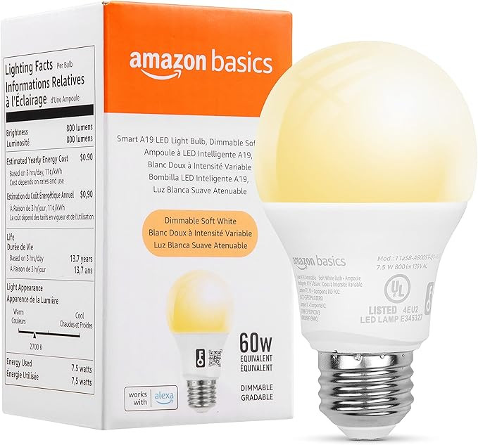 Amazon Basics Smart 7.5 Watt A19 Dimmable LED Light Bulb, 2700 K, Soft White, 2.4 GHz Wi-Fi, 60W ... | Amazon (US)