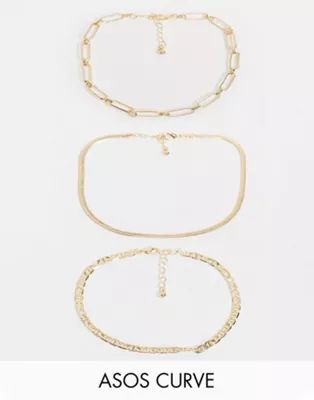 ASOS DESIGN Curve pack of 3 anklets in mixed link and herringbone chains in gold tone | ASOS (Global)