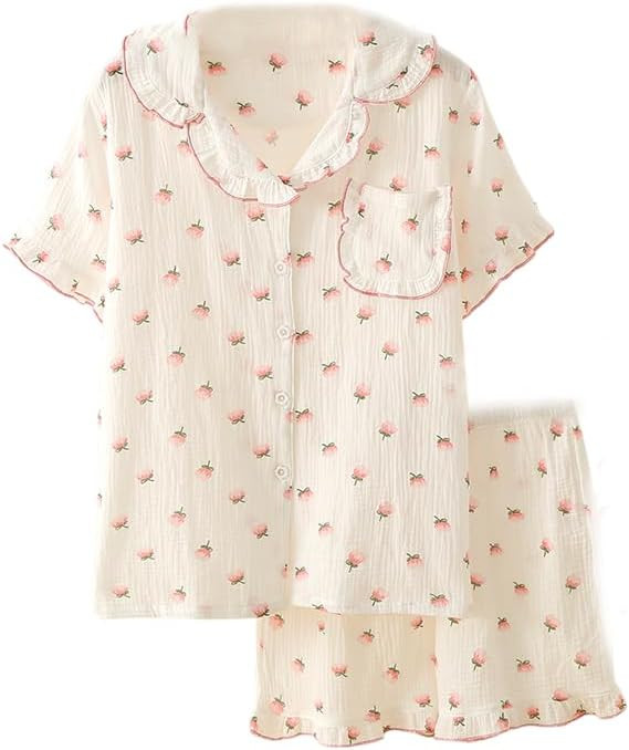 Womens Ruffle Trim Floral Print Pajama Set Cute Pjs Short Sleeve Shirt and Shorts Set Sleepwear | Amazon (US)
