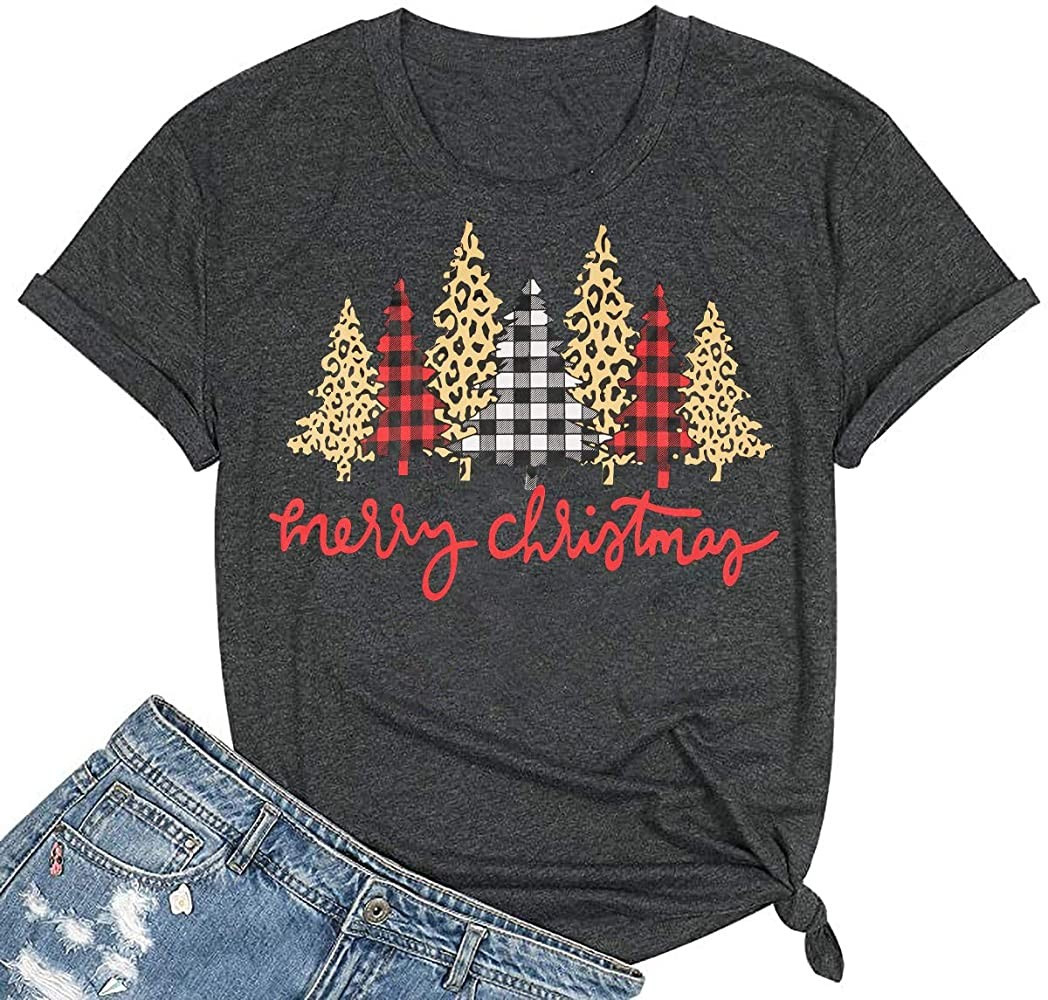 Beopjesk Christmas Shirts Womens Leopard Plaid Trees Printed Casual Short Sleeve Graphic Tees Top... | Amazon (US)