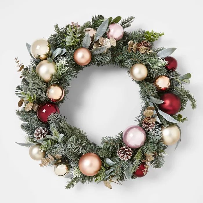 29in Unlit Mixed Artificial Pine Wreath with Gold, Burgundy & Blush Shatterproof Ornaments - Wond... | Target