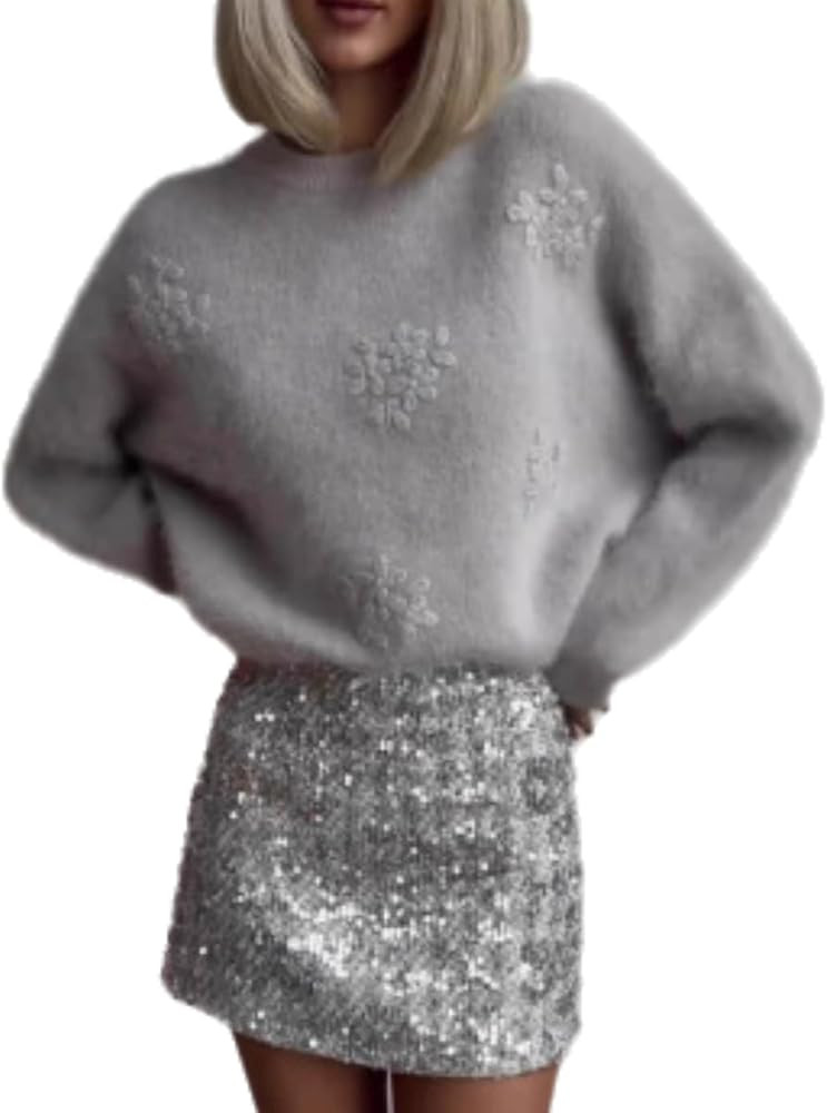 Women's Elegant Plush Jacquard Sweater Fall Trendy Warm Long Sleeve Crewneck Knitted Pullover Swe... | Amazon (US)