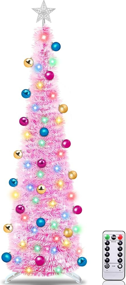 6 Feet LED Artificial Pencil Silm Christmas Tree Decor 30 Ball Ornament Timer and 8 Modes 100 Col... | Amazon (US)