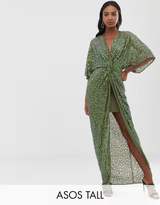 ASOS DESIGN Tall scatter sequin knot front kimono maxi dress | ASOS US