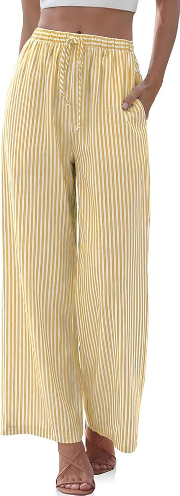 TARSE Womens Linen Striped Gingham Wide Leg Pants Palazzo Drawstring Lounge Pajama Pants Cute Casual Trousers with Pockets | Amazon (US)